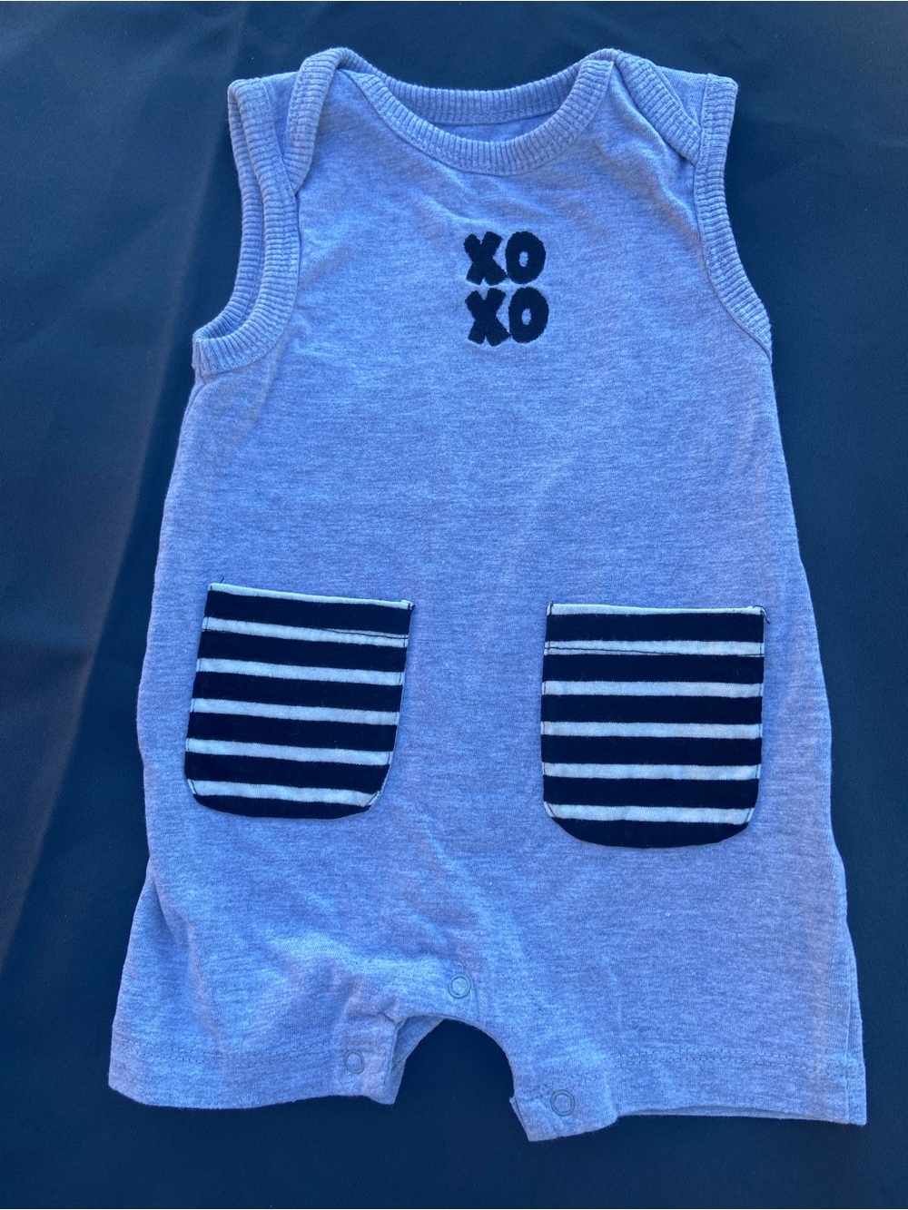 Tahari Gray Sleeveless Baby Romper with Navy Striped Pockets